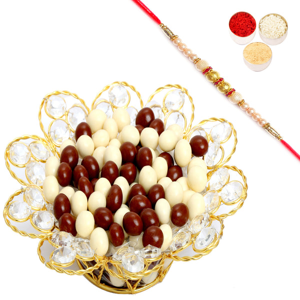 Gold Crystal Nutties Bowl with Pearl Rakhi