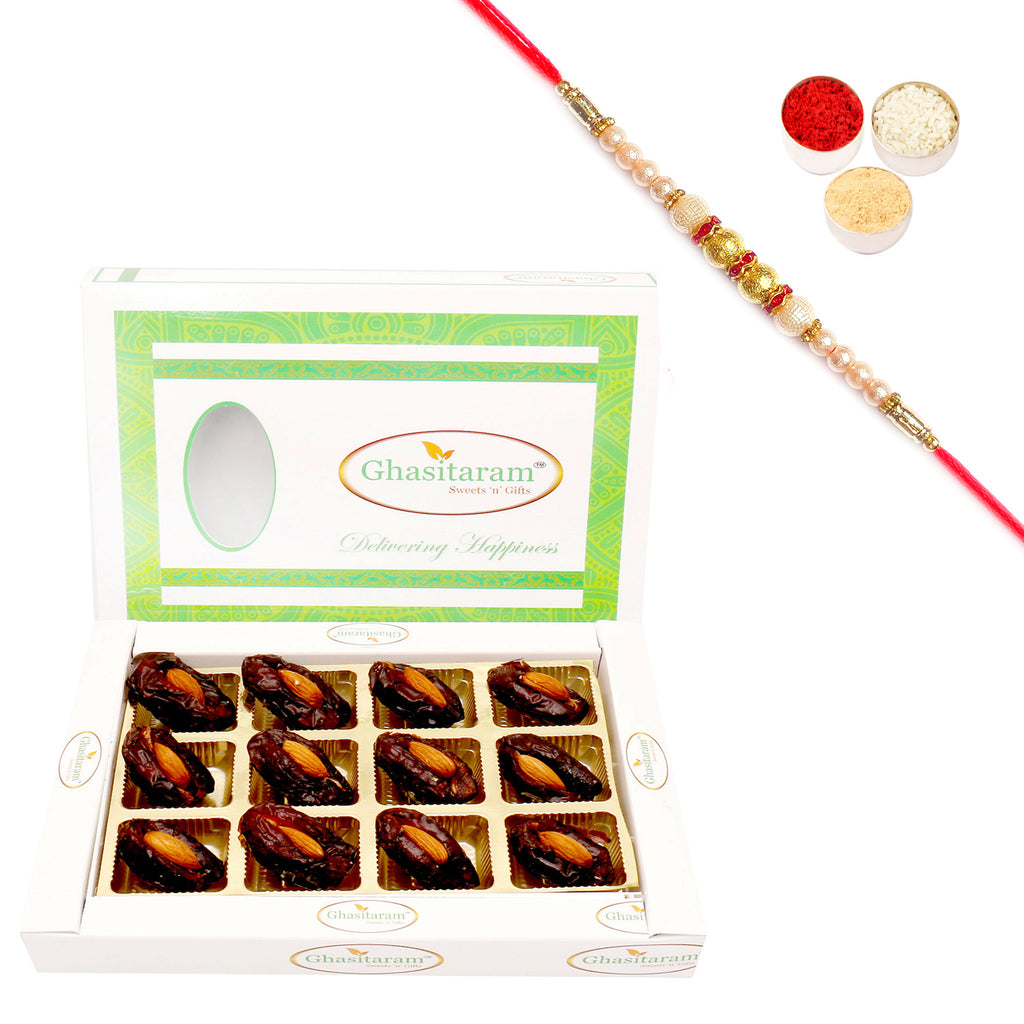 Rakhi Dryfruits- Premum Dates with Almonds in White Box with Pearl Rakhi