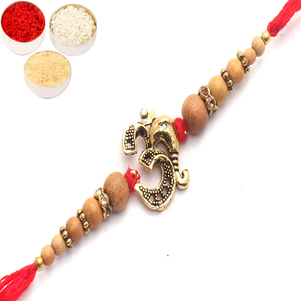 Rakhis Online Australia- Om Ganesha Bonded with beads of Love Rakhi with 6 pc Mewa Bites box