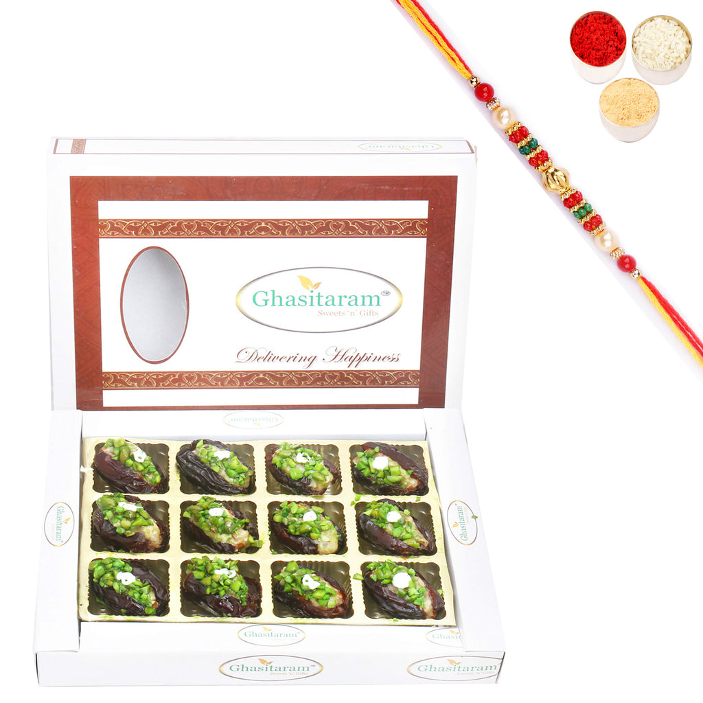 Dryfruit Filled  Dates in White Box with Beads Rakhi