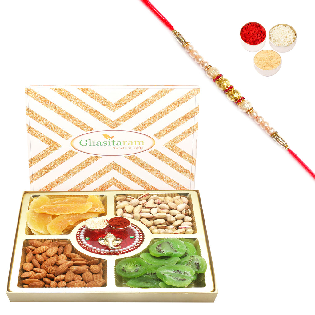 Rakhi Dryfruits- Ghasitaram Special Almonds, Pistachios, Dried Kiwi and Mango Box with Mini Pooja Thali with Pearl Rakhi