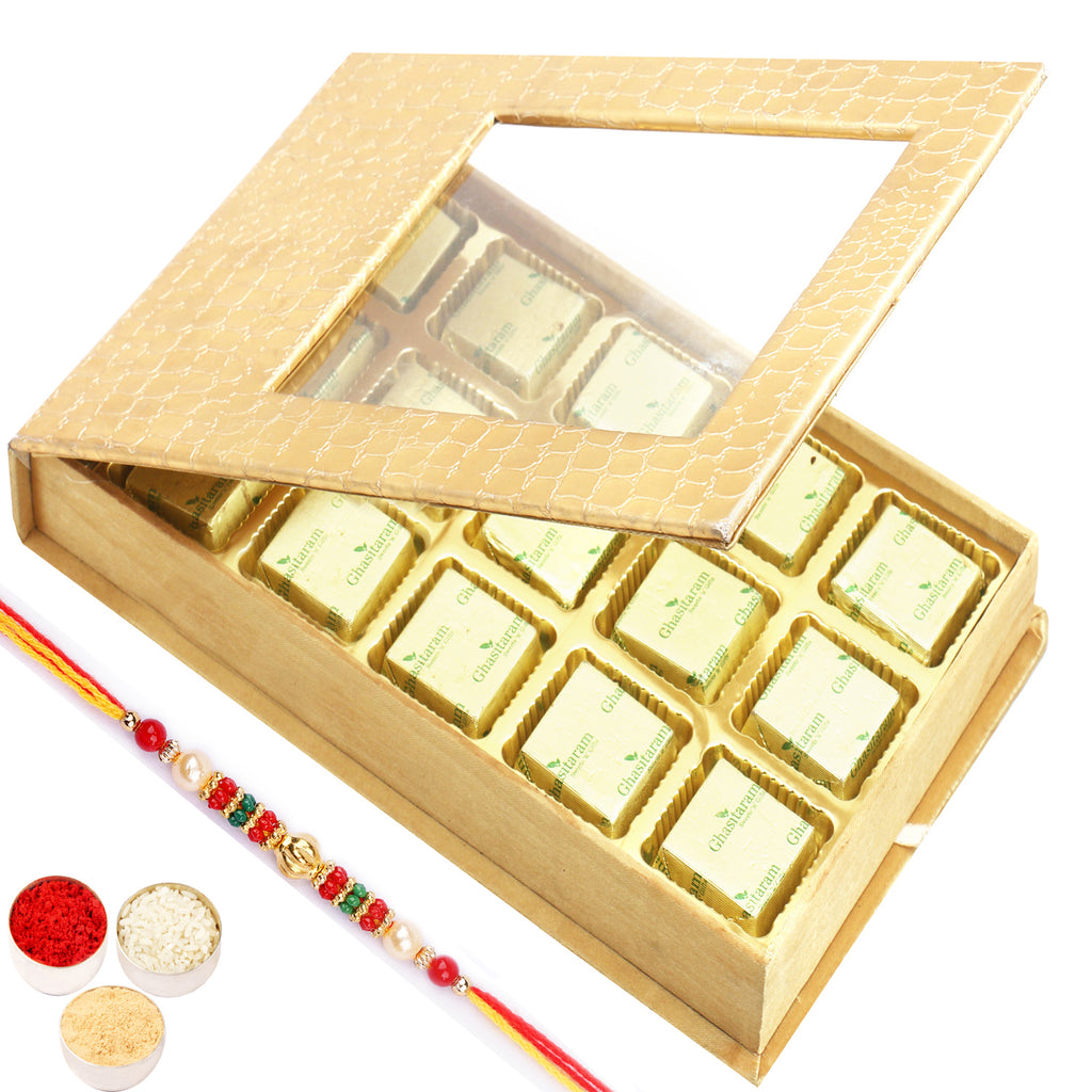Rakhi Mewa Bites- Golden Leather Finish 15 pcs Mewa Bites  Box with Pearl Beads Rakhi