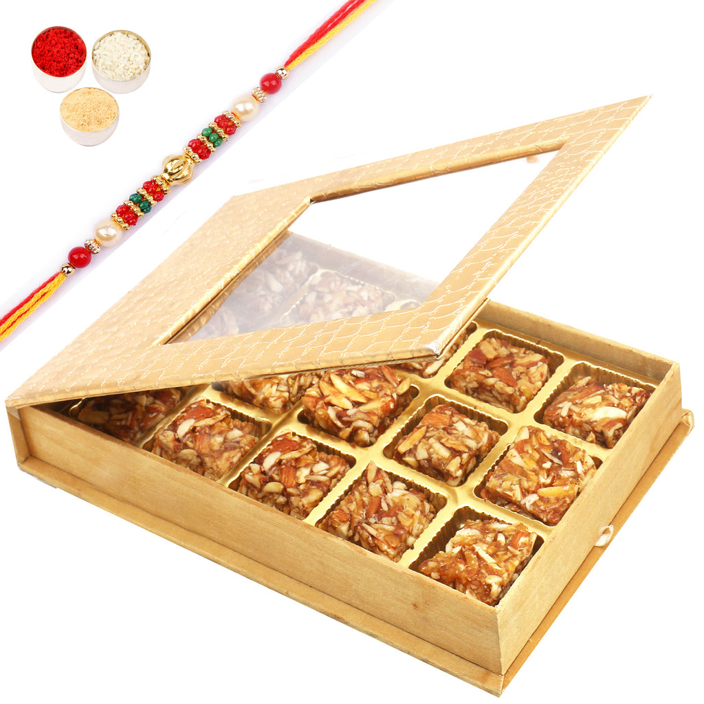 Golden Leather Finish 15 pcs Roasted Almond Bites Box with Beads Rakhi