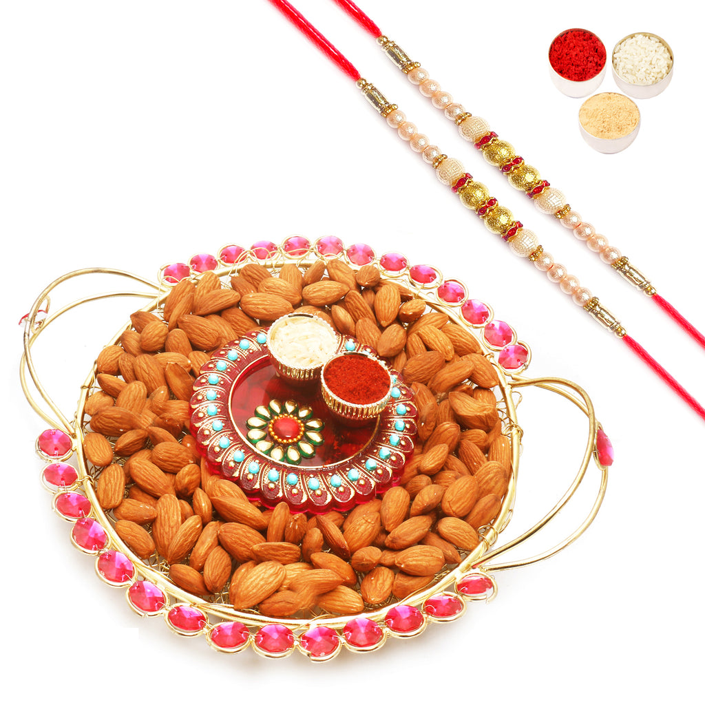 Golden Mesh Almond Tray with Mini Pooja Thali with 2 Pearl Rakhis