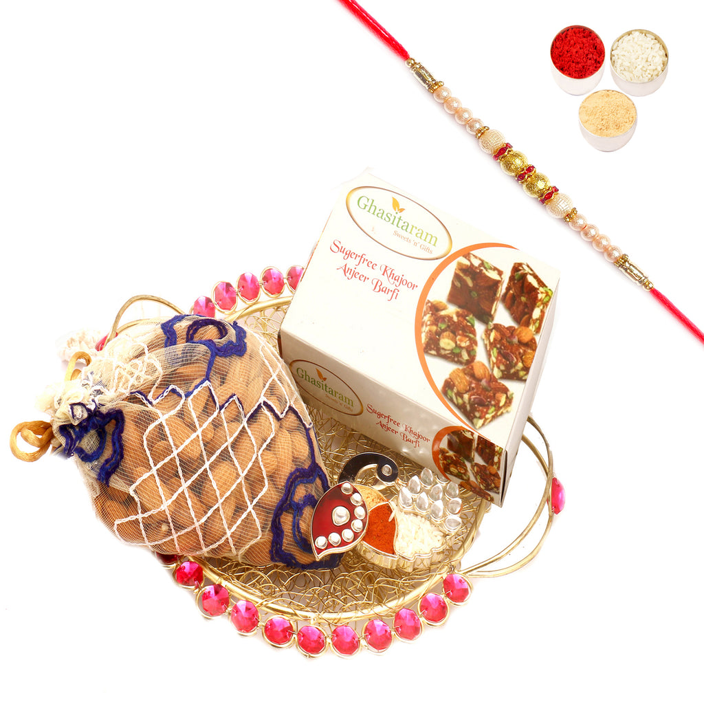 Golden Mesh Tray with Sugarfree Mix, Almonds Pouch and Peacock Tika Chawal Conatiner with Pearl Rakhi