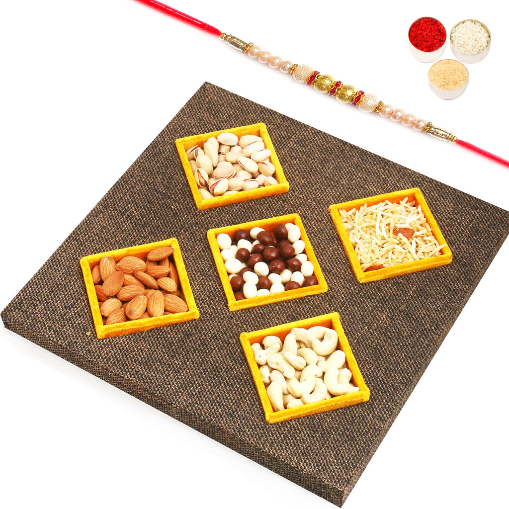 Jute 5 part Part Assorted  Dryfruits, Nutties and Namkeen Tray with Pearl Rakhi