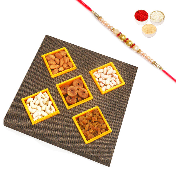 Rakhi Dryfruits- Jute 5 Part Dryfruit Tray with Pearl Rakhi