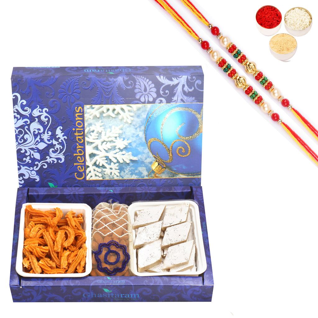 Kaju Katli , Soya Sticks and Almonds Pouch Hamper with 2 Pearl Beads Rakhis