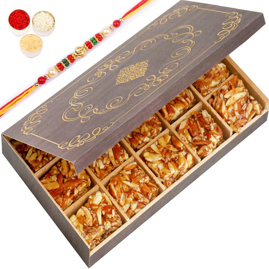 Wooden 15 Pcs Roasted Almond Bites  Box with Beads Rakhi