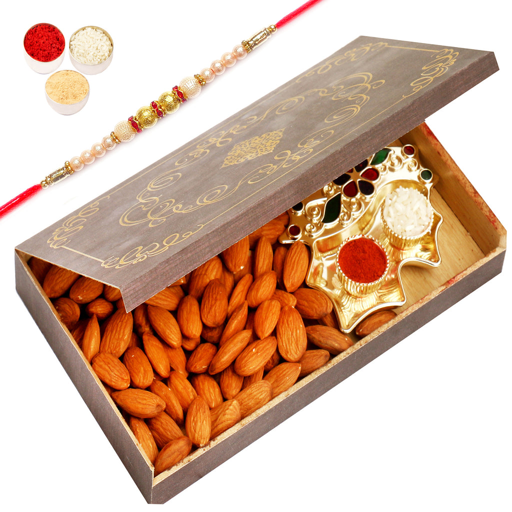 Medium Wooden Almonds and Leaf Tika Chawal Container Box with Pearl Rakhi
