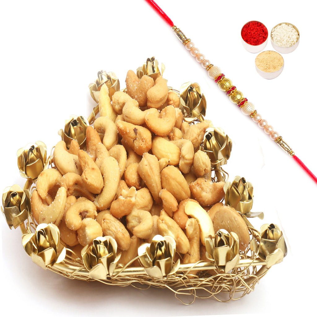 Rakhi Dryfruits- Mesh Heart Roasted Cashew Tray with Pearl Rakhi