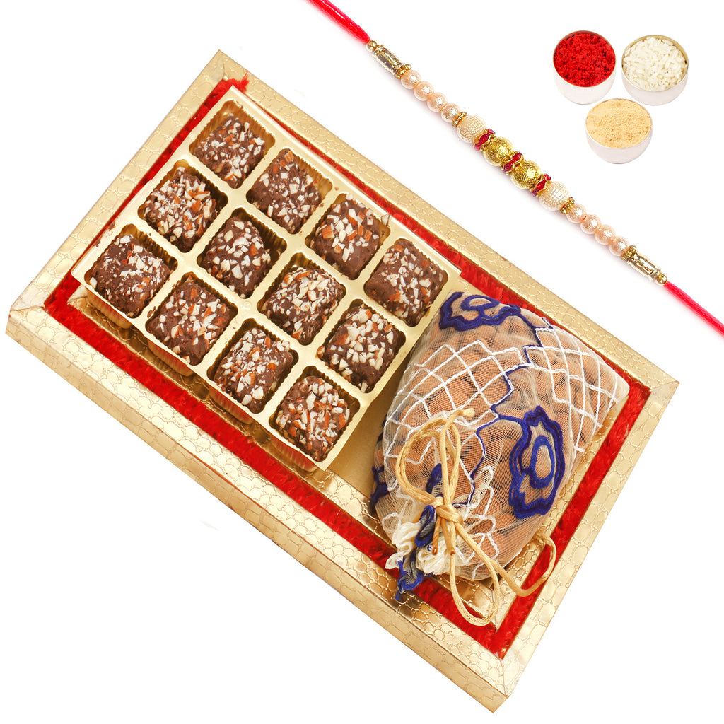 Red and Gold 8 pcs English Brittle Chocolates and Almond  Box with Pearl Rakhi