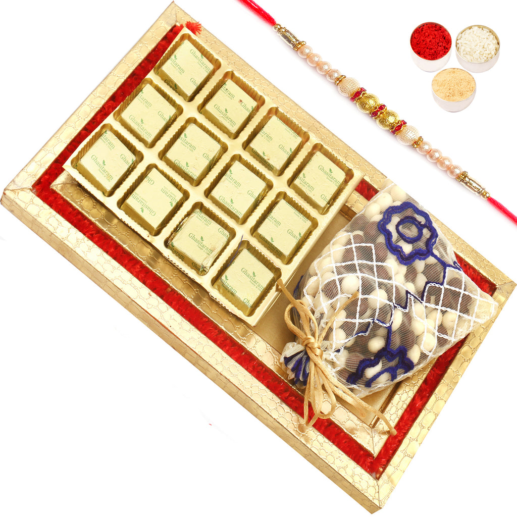 Red and Gold 8 Pcs Chocolate and Nutties Tray with Pearl Rakhi
