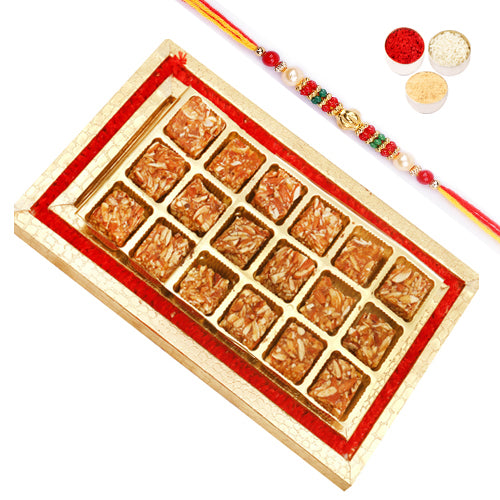 Red and Gold 18 pcs Roasted Almonds BitesTray with Beads Rakhi