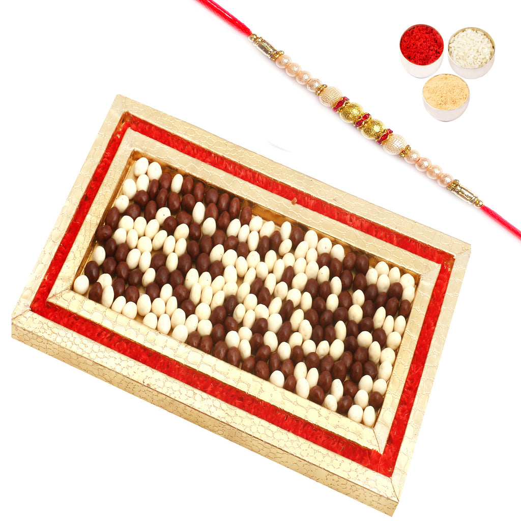 Red and Gold  Nutties Tray with Pearl Rakhi