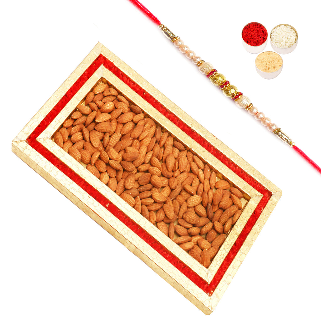 Rakhi Dryfruits- Red and Gold Almonds Tray with Pearl Rakhi