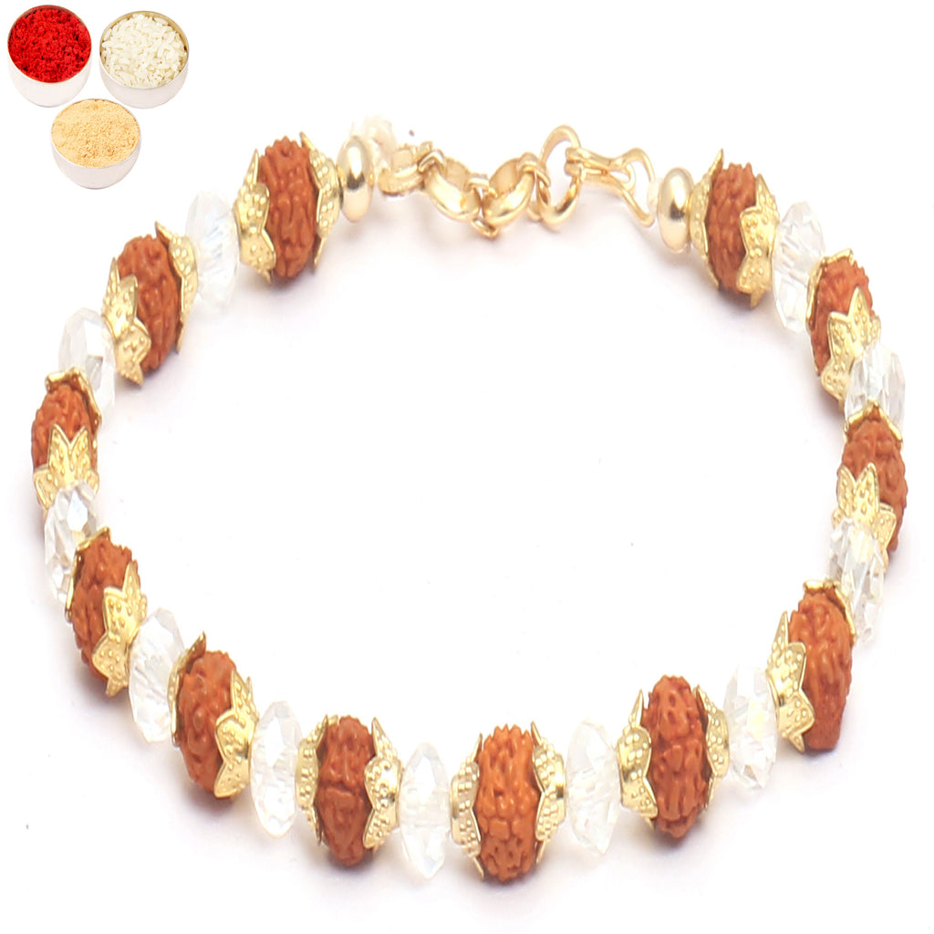 Rakhis Online USA-Set of 2-5595 Rudraksh pearl bracelet rakhi  with 6 pc Mewa Bites box