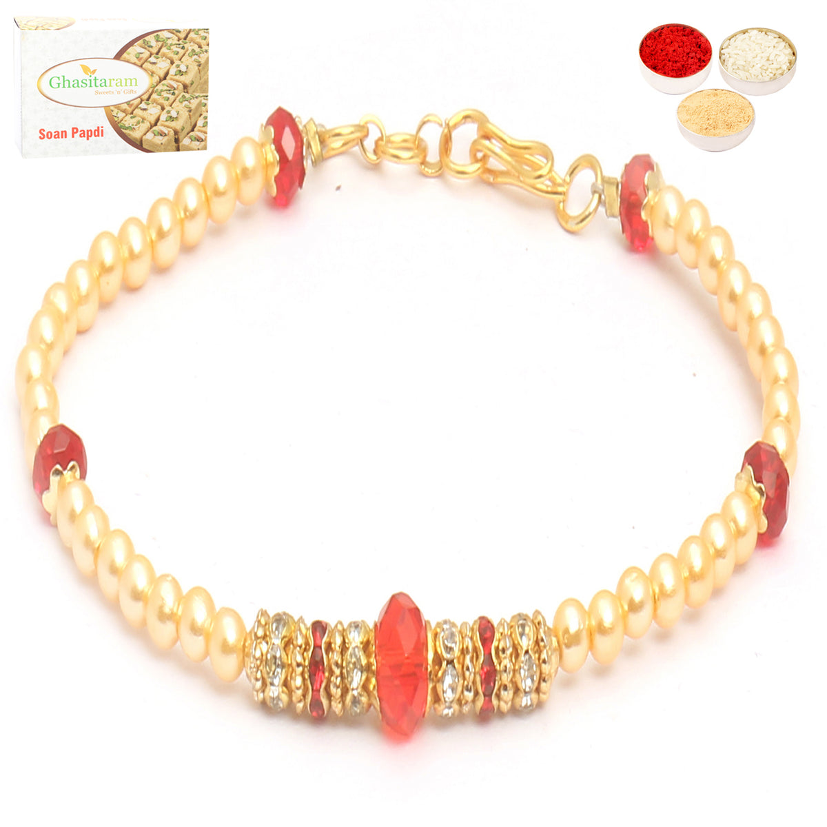 Rakhi for Brother Rakhis Online - Set of 2 Red Pearl bracelet Rakhi with 400 gms of Soan Papdi