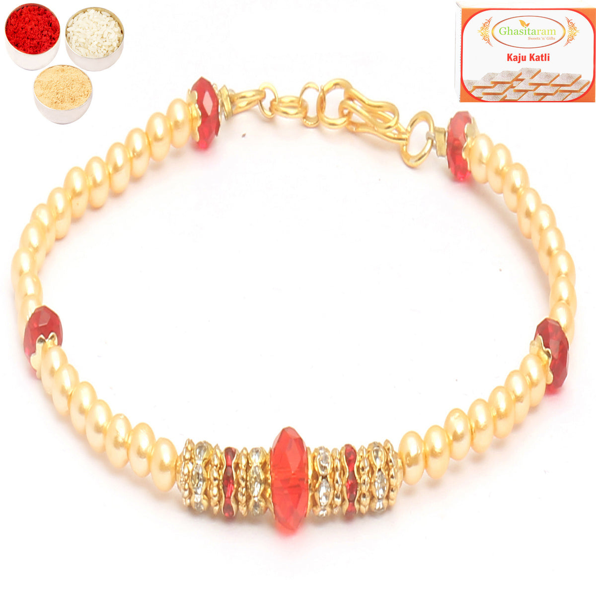 Rakhi for Brother Rakhis Online - Set of 2 Red Pearl bracelet Rakhi with 400 gms of Kaju katli
