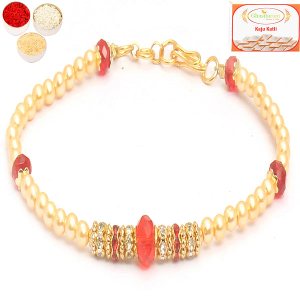 Rakhi for Brother Rakhis Online - Set of 2 Red Pearl bracelet Rakhi with 400 gms of Kaju katli