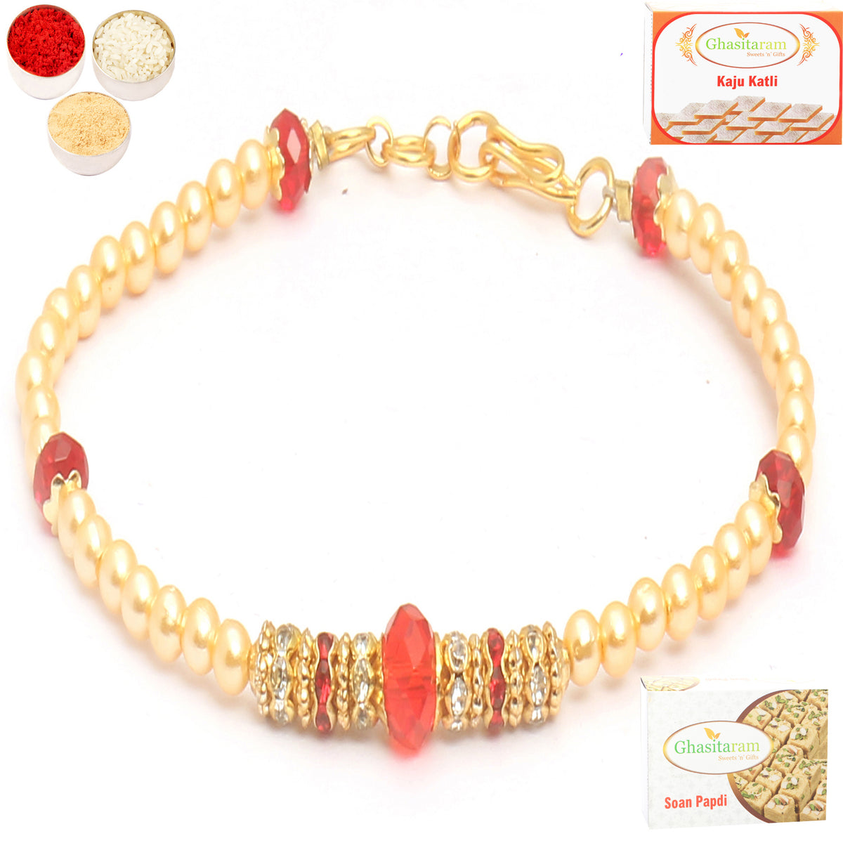 Rakhi for Brother Rakhis Online - Set of 2 Red Pearl bracelet Rakhi with 200 gms of Kaju katli and 200 gms of Soan Papdi