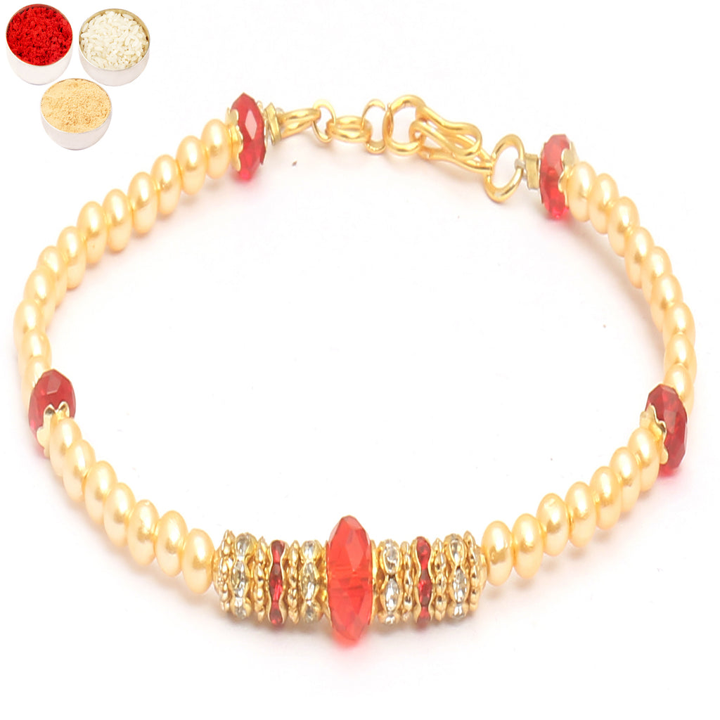 Rakhis Online USA-Set of 2 Red Pearl bracelet Rakhi  with 6 pc Mewa Bites box
