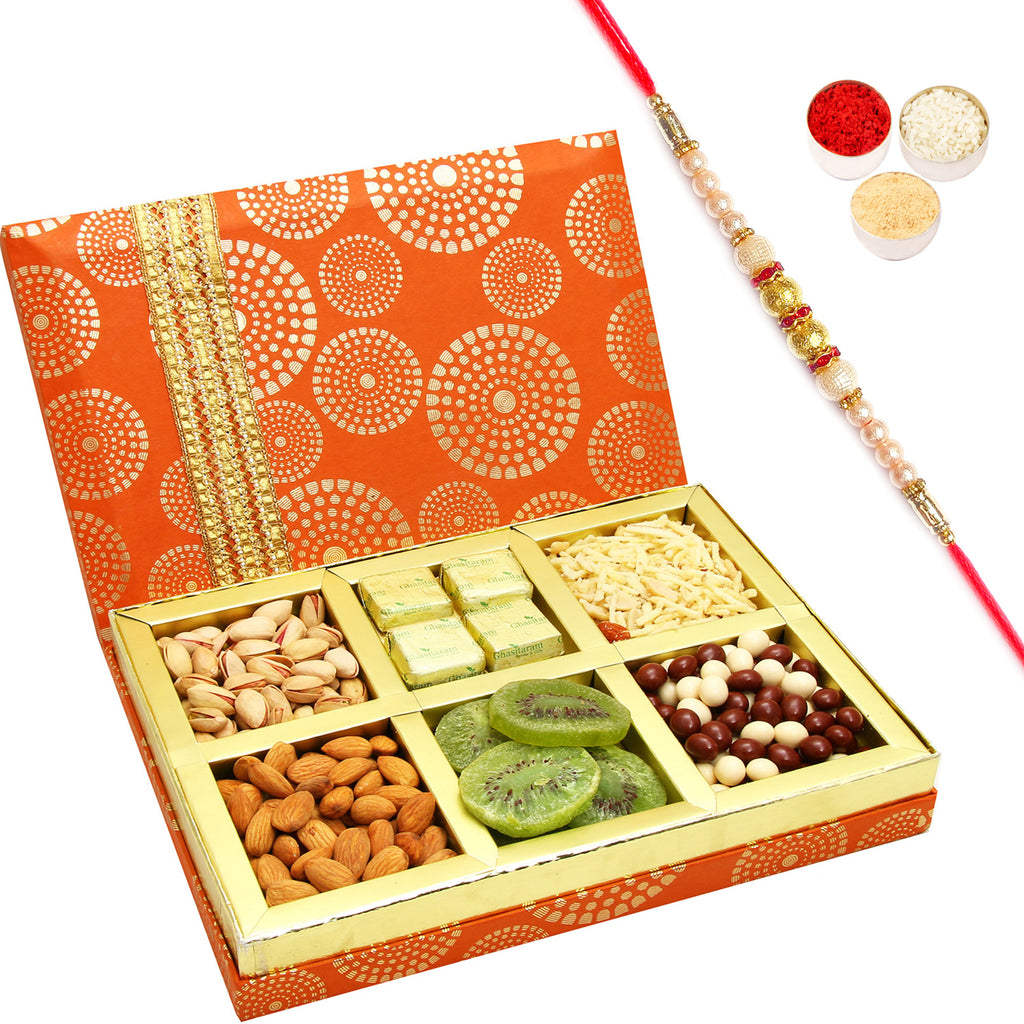 Rakhi Dryfruits Hamper - Satin 6 Part Hamper Box with Pearl Rakhi