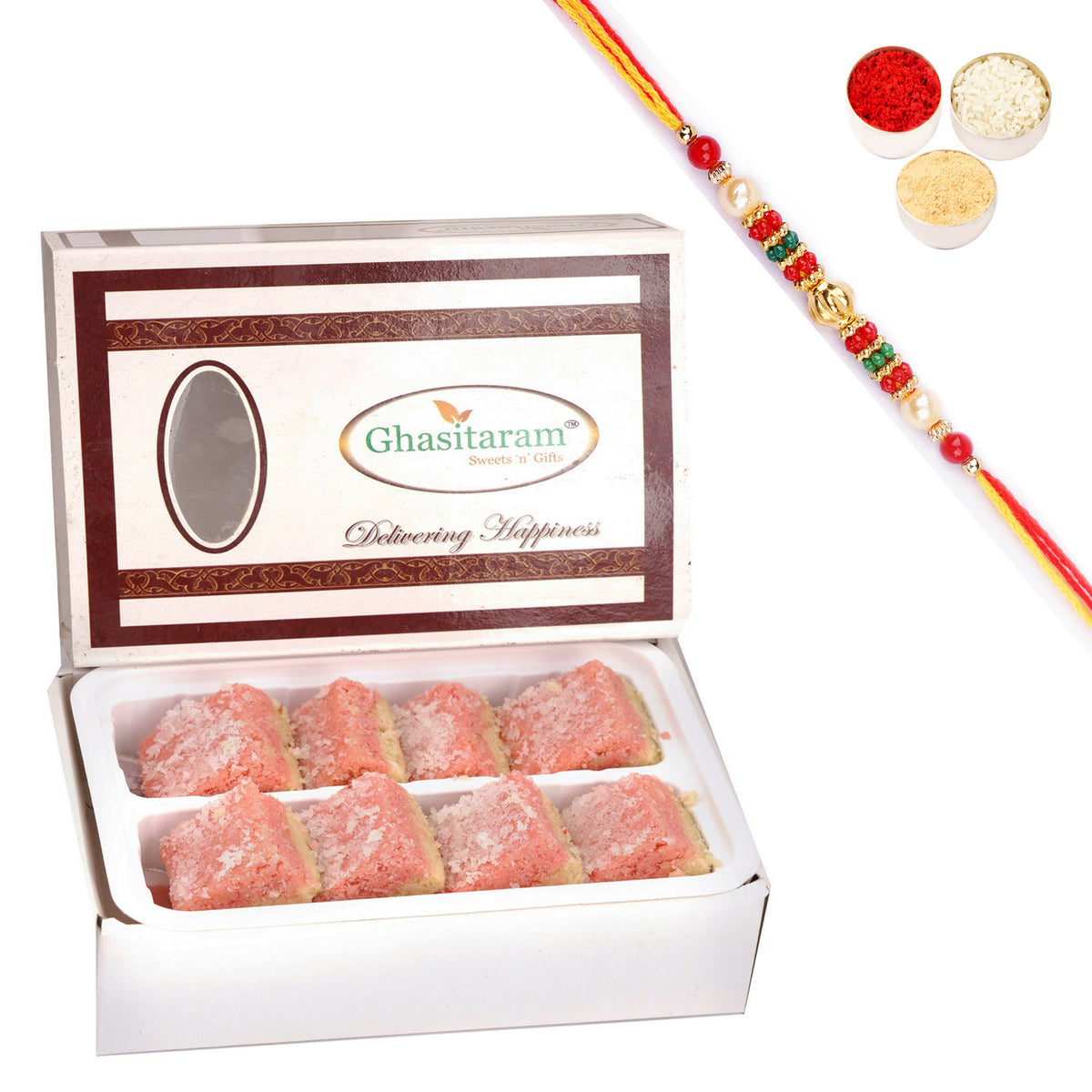 Sugarfree  Mawa Coconut Barfi 200 gms with Pearl Beads Rakhi