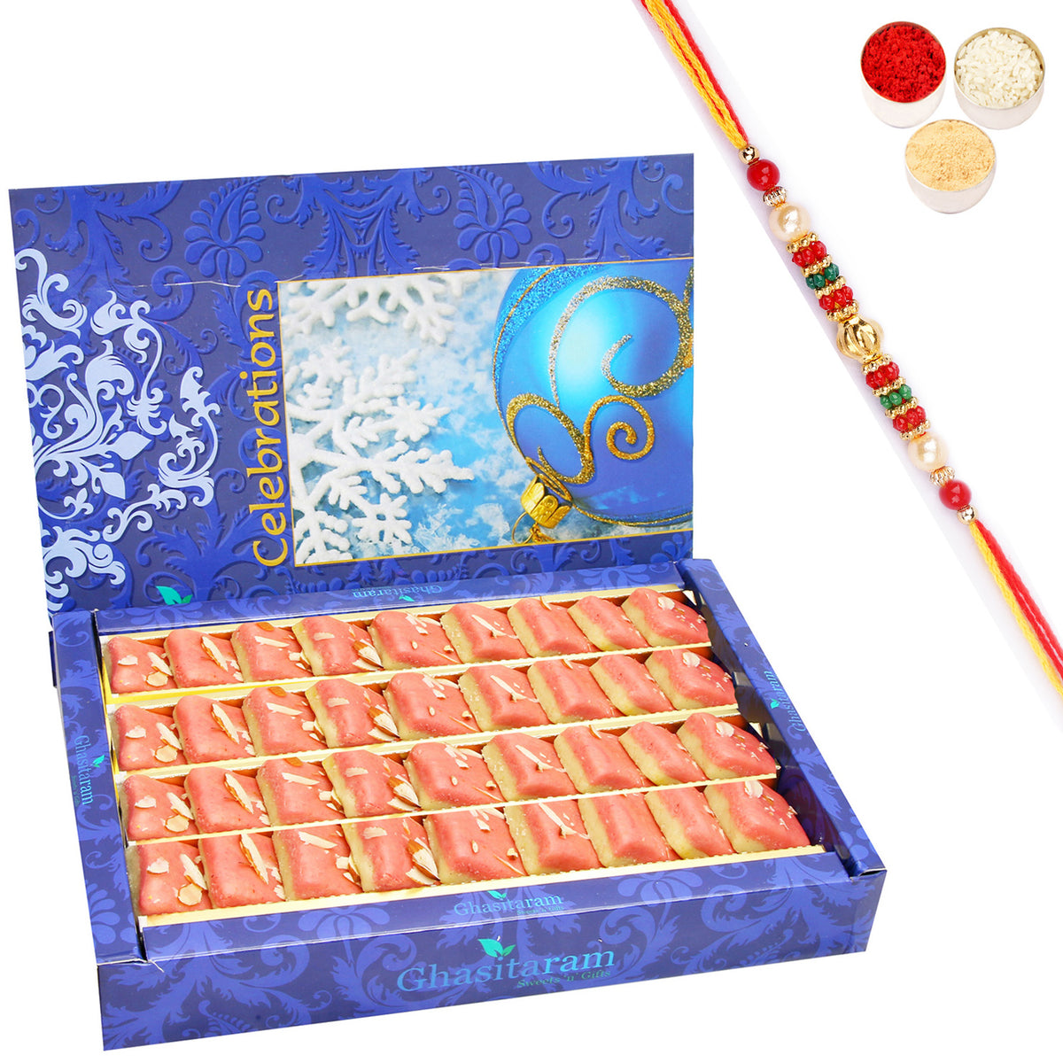 Sugarfree  Mawa Coconut Barfi 800 gms with Pearl Beads Rakhi