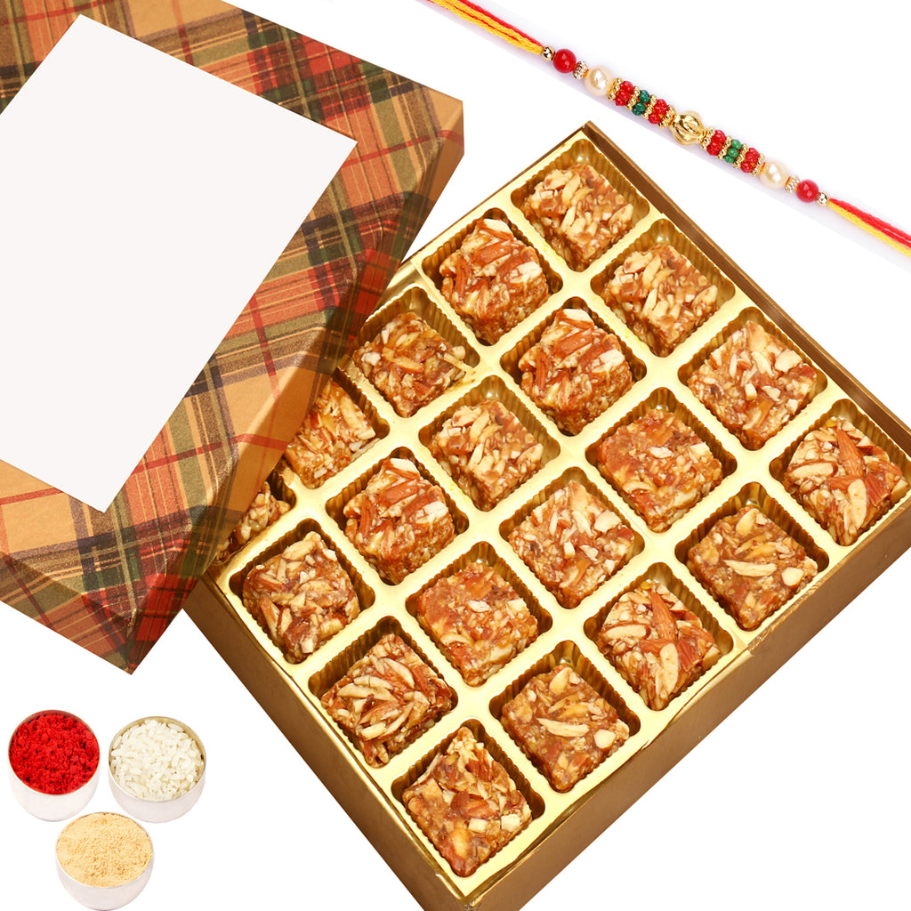 Ghasitaram Gifts Rakhi Golden Checks 20 pcs Roasted Almond Sugarfree Bites Box with Pearl Beads Rakhi