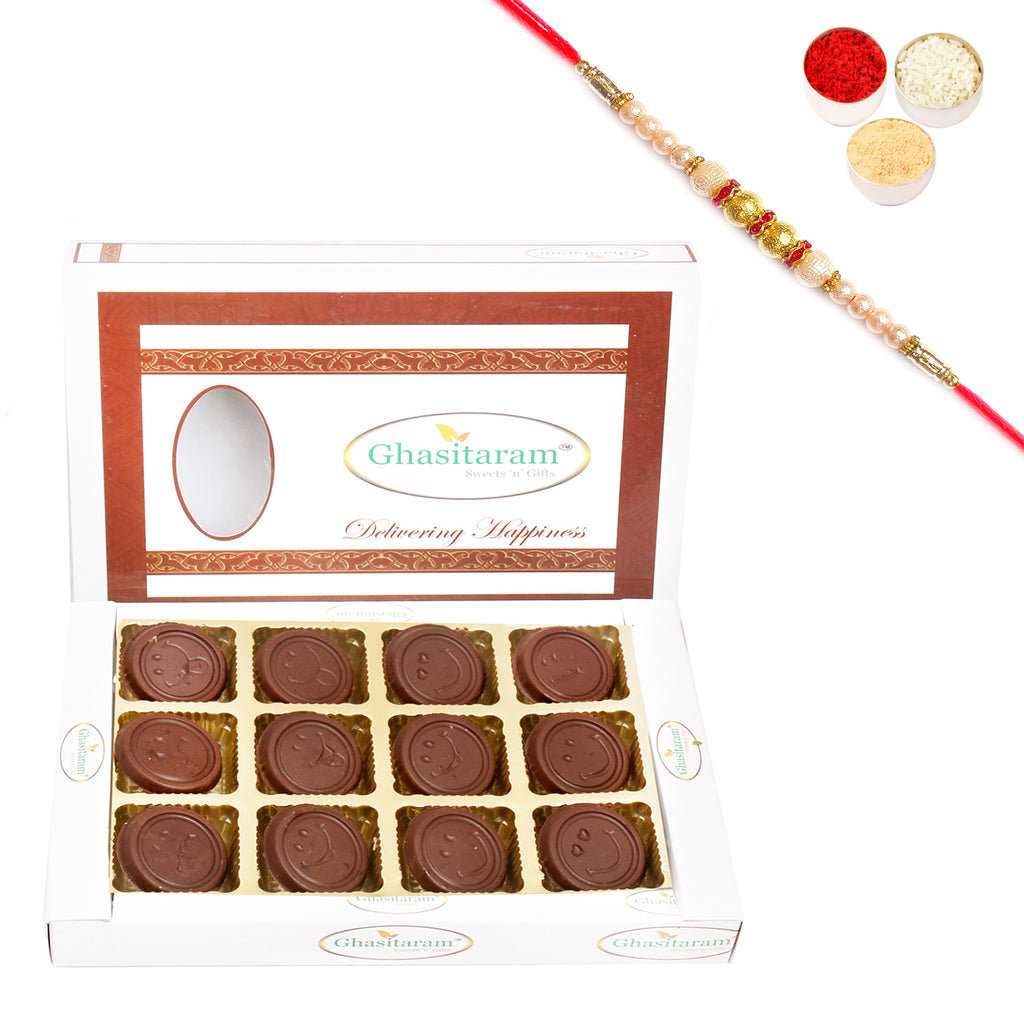Rakhi Sugafree Chocolates-Smiley Chococlates in White Box with Pearl Rakhi