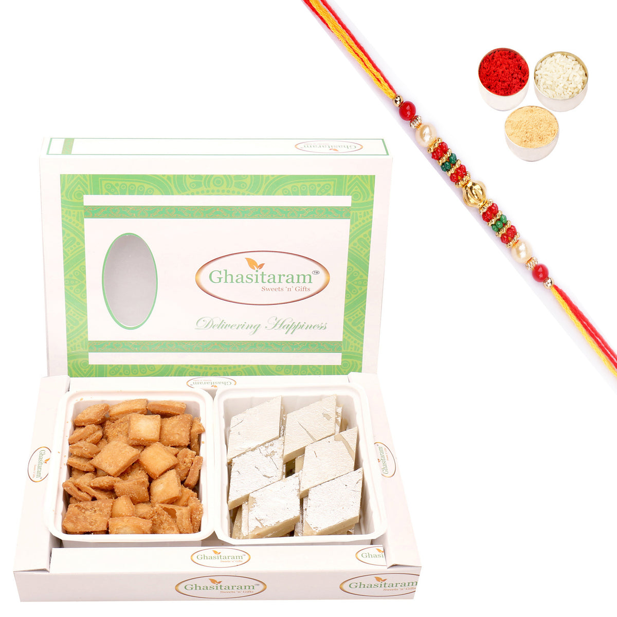 Shakar Pada and Kaju Katli Hamper with Pearl Beads Rakhi