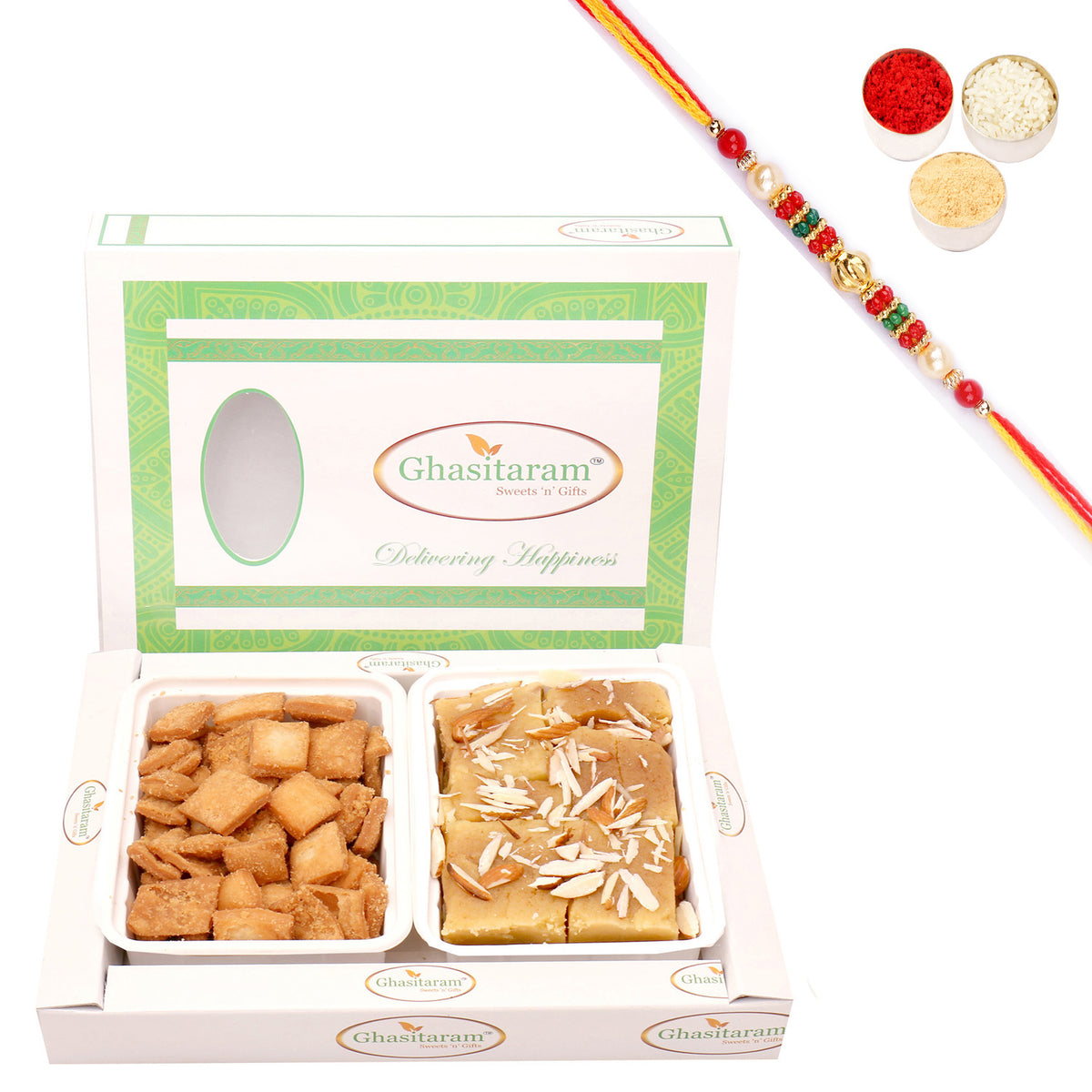 Shakar Pada and Soft Mysore Pak Hamper with Pearl Beads Rakhi