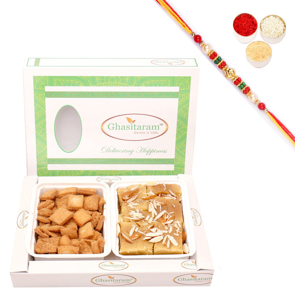Shakar Pada and Soft Mysore Pak Hamper with Pearl Beads Rakhi