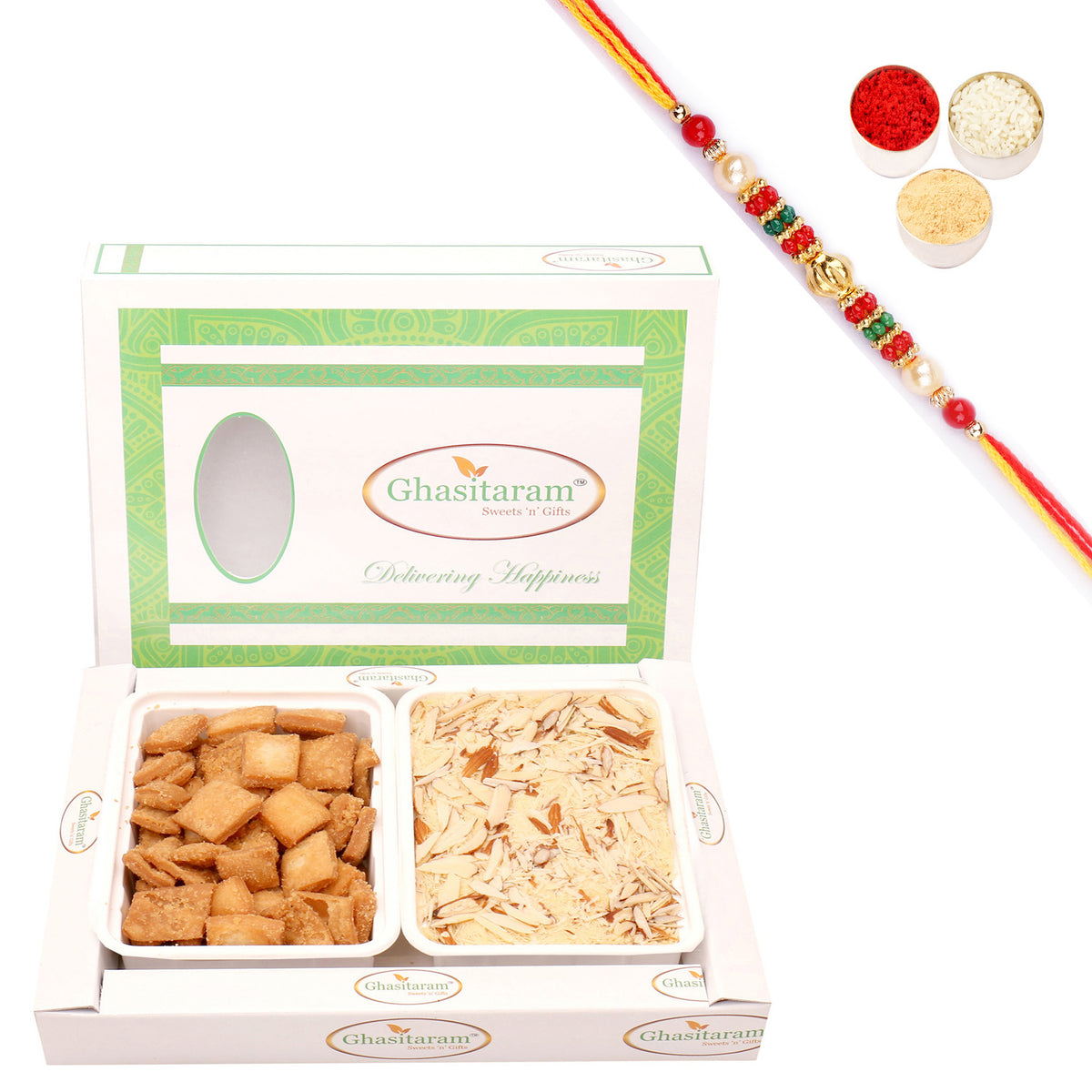 Shakar Pada and Soan Papdi Hamper with Pearl Beads Rakhi
