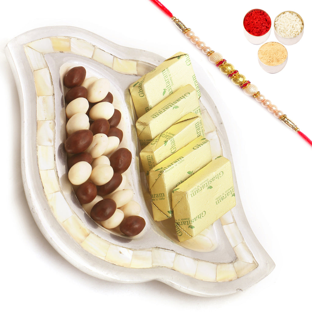 Silver 2 Part Chocolate And Nutties Tray with Pearl Rakhi