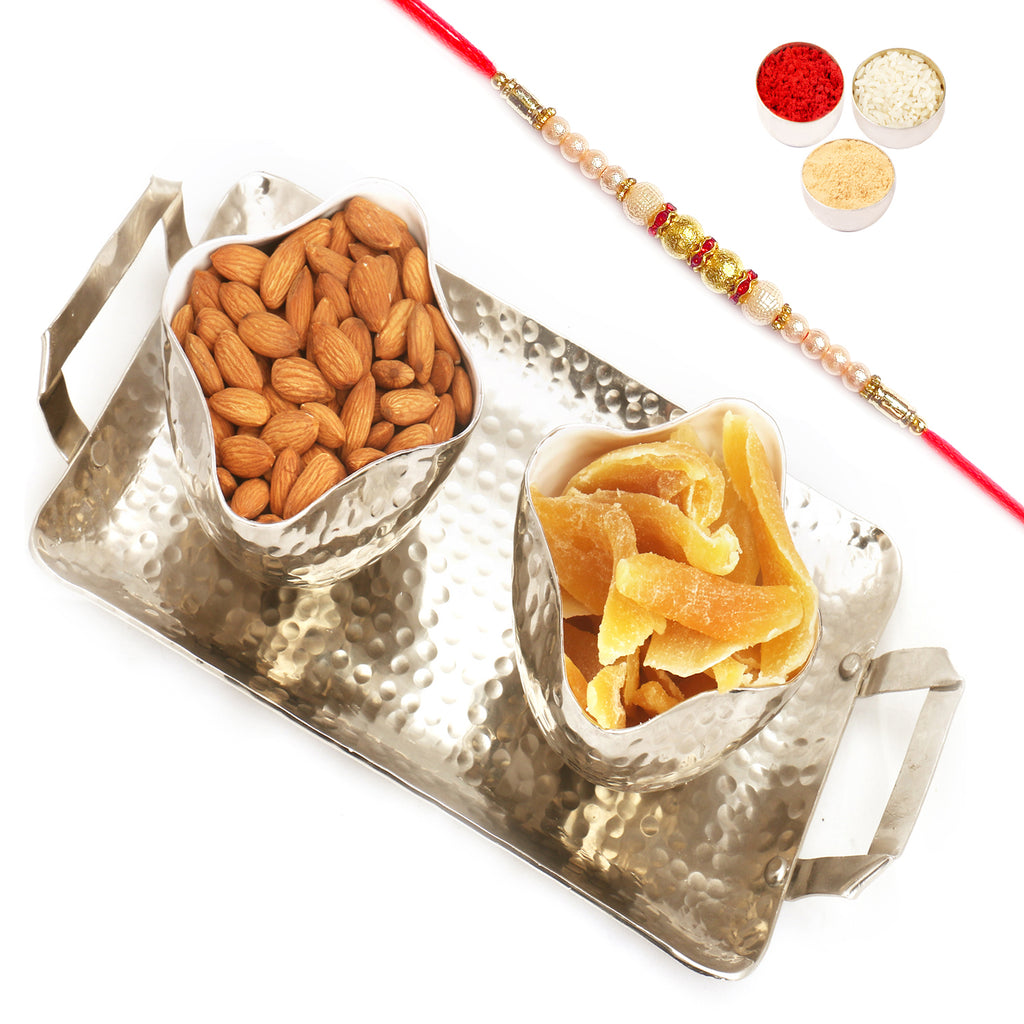 Rakhi Dryfruits- Silver Aluminium  Almonds and Dried Mango Tray with Pearl Rakhi