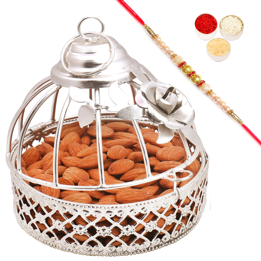 Rakhi Dryfruits- Silver Almonds Cage with Pearl Rakhi