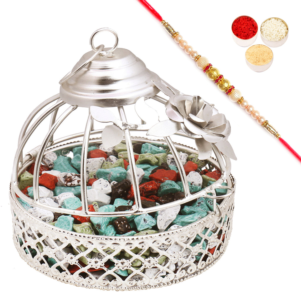 Silver Stone Chocolate Cage with Pearl Rakhi