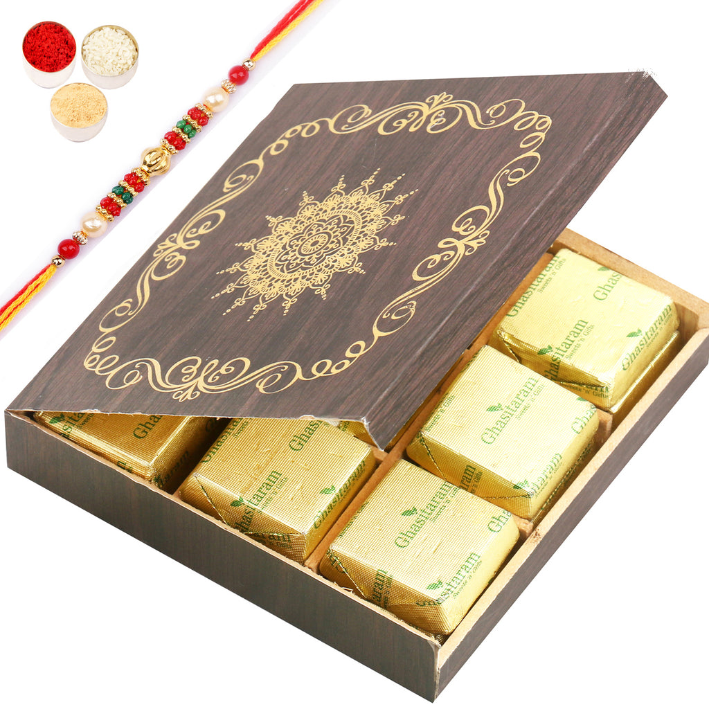 Rakhi Mewa Bites- Wooden 9 pcs Mewa Bites  Box with Pearl Beads Rakhi