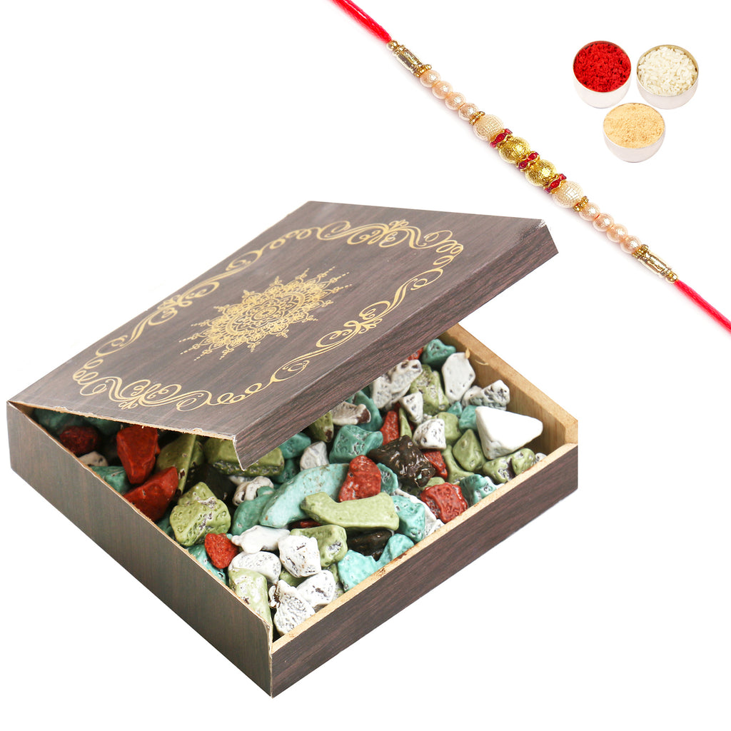 Small Wooden Stone Chocolates Box with Pearl Rakhi
