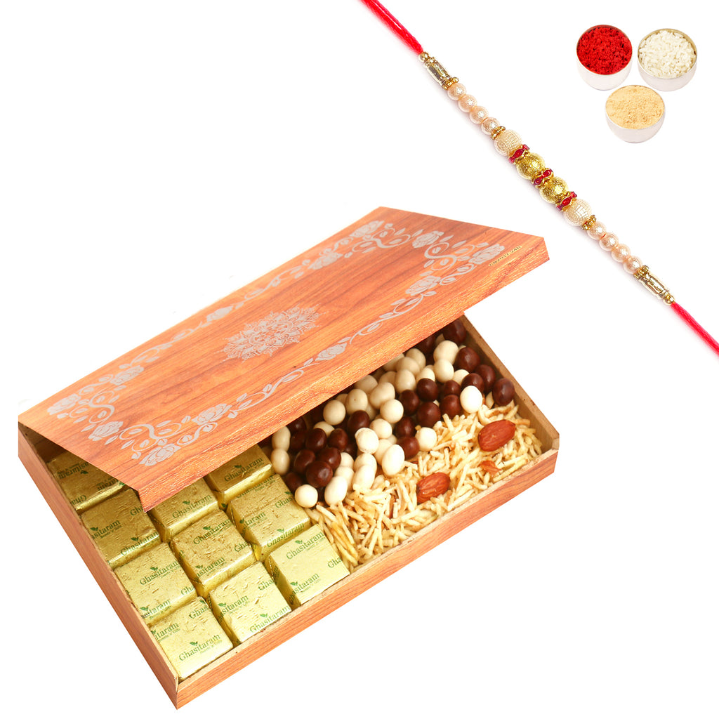 Wooden 12 Pcs Chocolate, Nutties and Namkeen Box with Pearl Rakhi