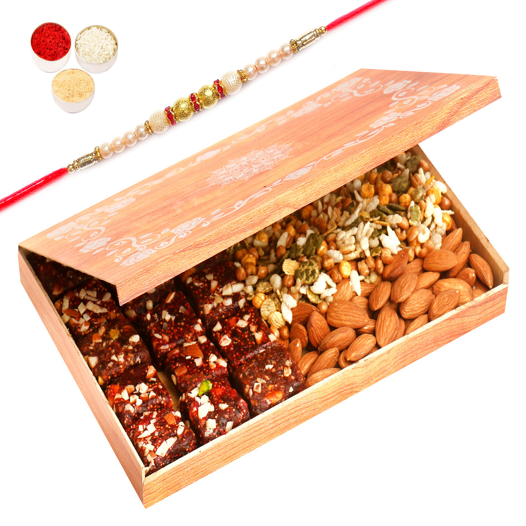Wooden 12 Pcs Sugarfree Dates and Figs Bites , Roasted Protein Mix and Almonds Box with Pearl Rakhi