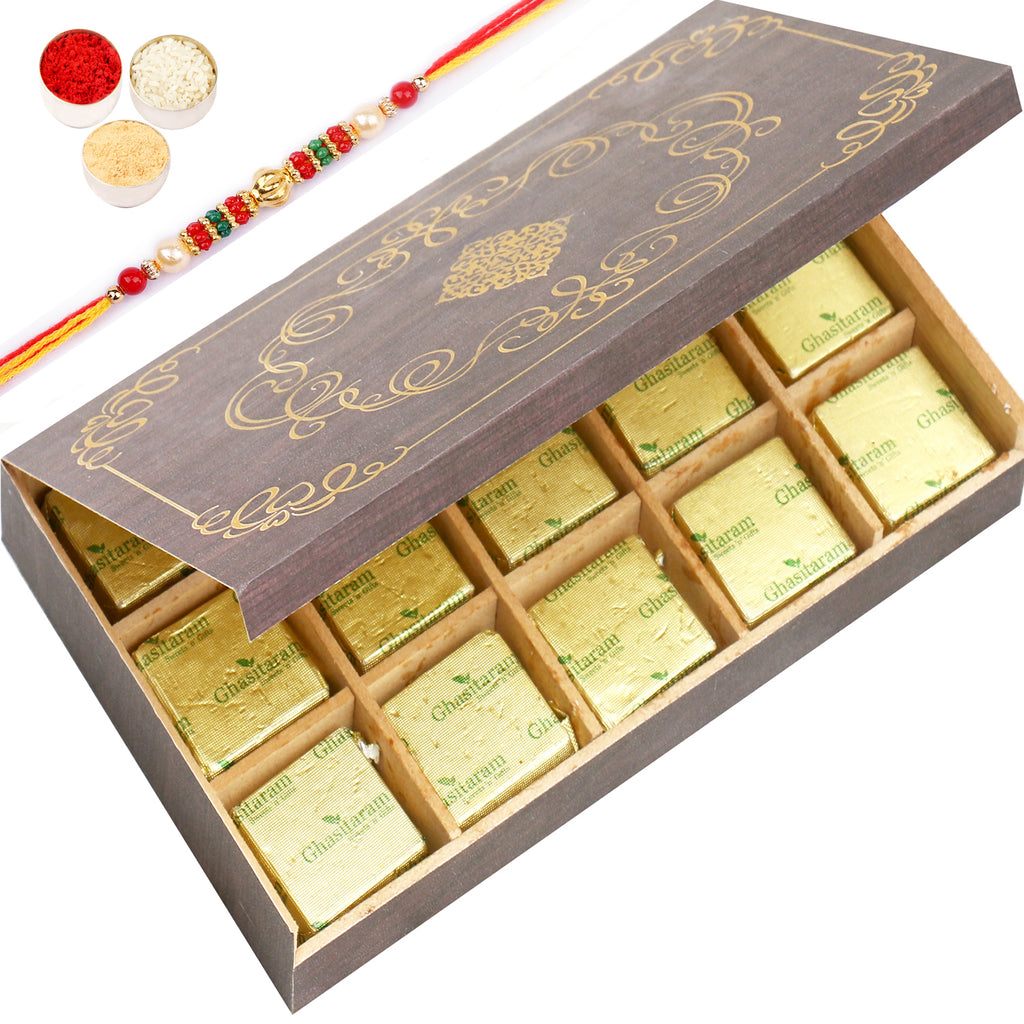 Rakhi Mewa Bites- Wooden 15 pcs Mewa Bites  Box with Pearl Beads Rakhi