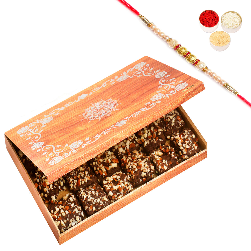 Wooden 24 Pcs English Brittles Chocolates  Box with Pearl Rakhi