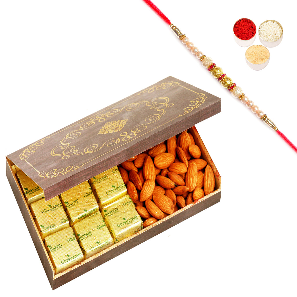 Rakhi Dryfruit Hampers- Wooden 9 Pcs Chocolate and Almonds Box with Pearl Rakhi