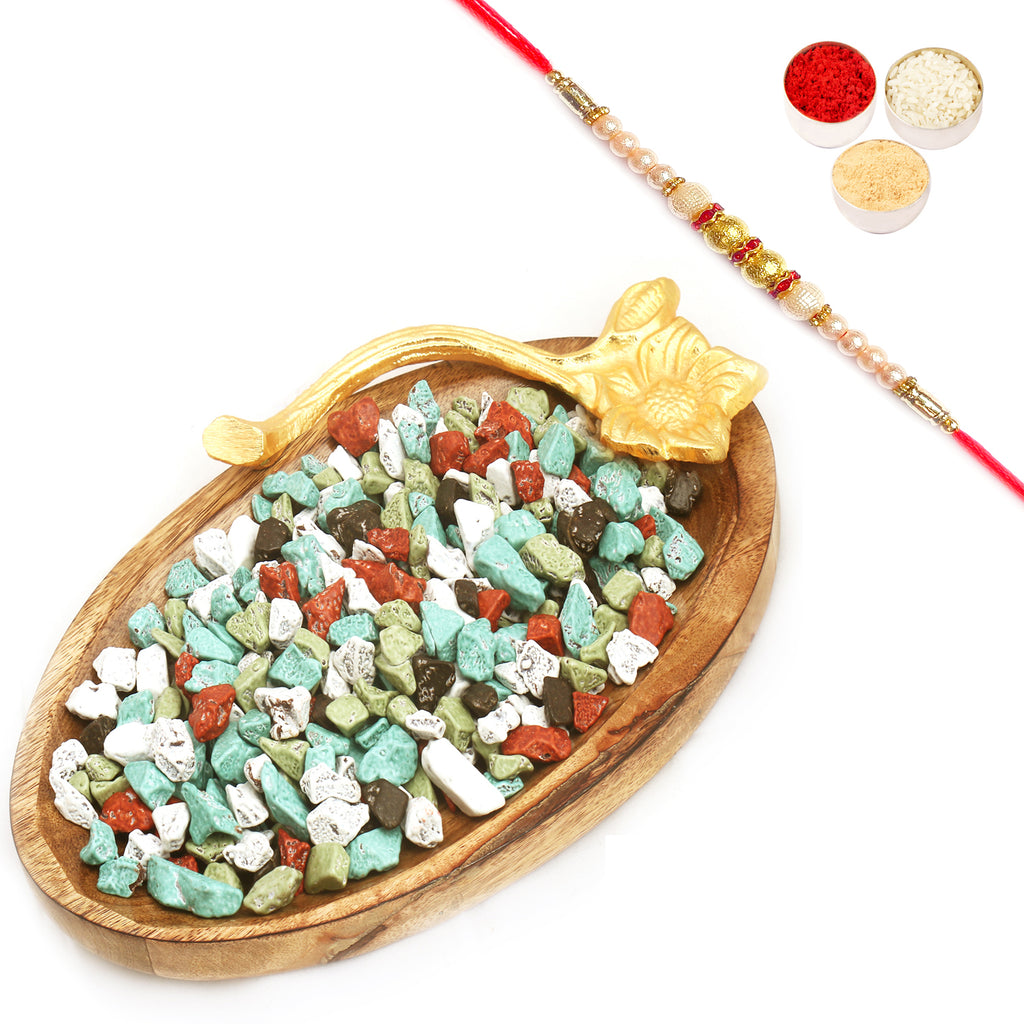  Wooden Stone Chocolate Platter with Pearl Rakhi