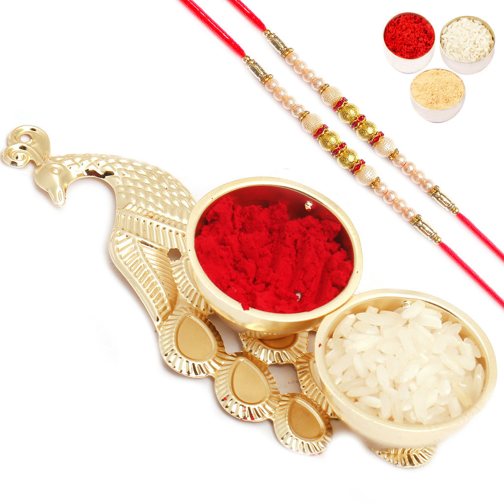 Golden Peacock Roli Chawal Container with 2 Pearl Rakhis