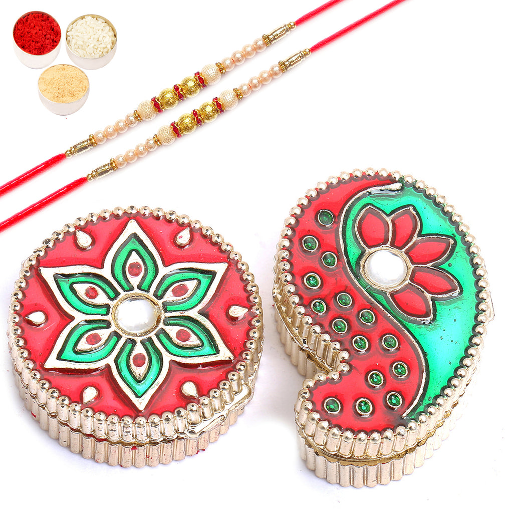 Set of 2 Mina Roli Chawal Containers with 2 Pearl Rakhis