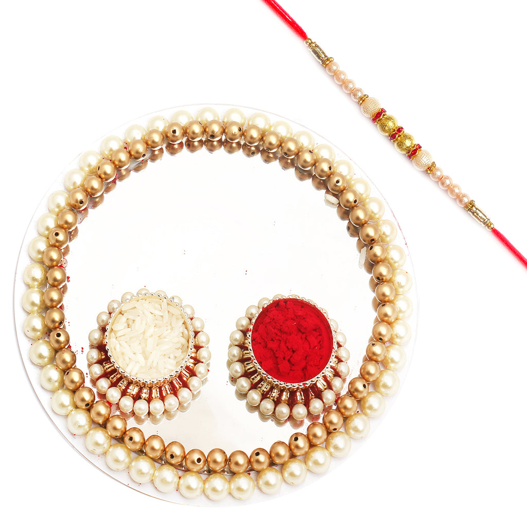 Rakhi Pooja Thalis- White Pearl Pooja Thali with Pearl Rakhi